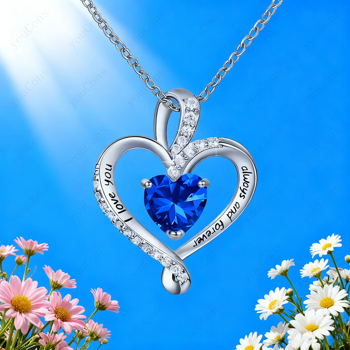 Women's Luxury Dark Blue Synthetic Zirconia Heart Pendant Necklace with Gift Box